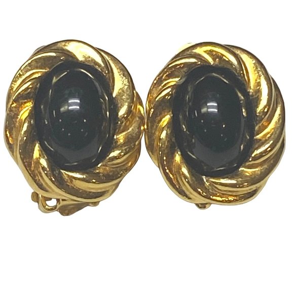 KJL for Avon Jewelry - KJL for Avon Vintage Earrings Clip on Gold Tone Black Cabochon Twisted Edge